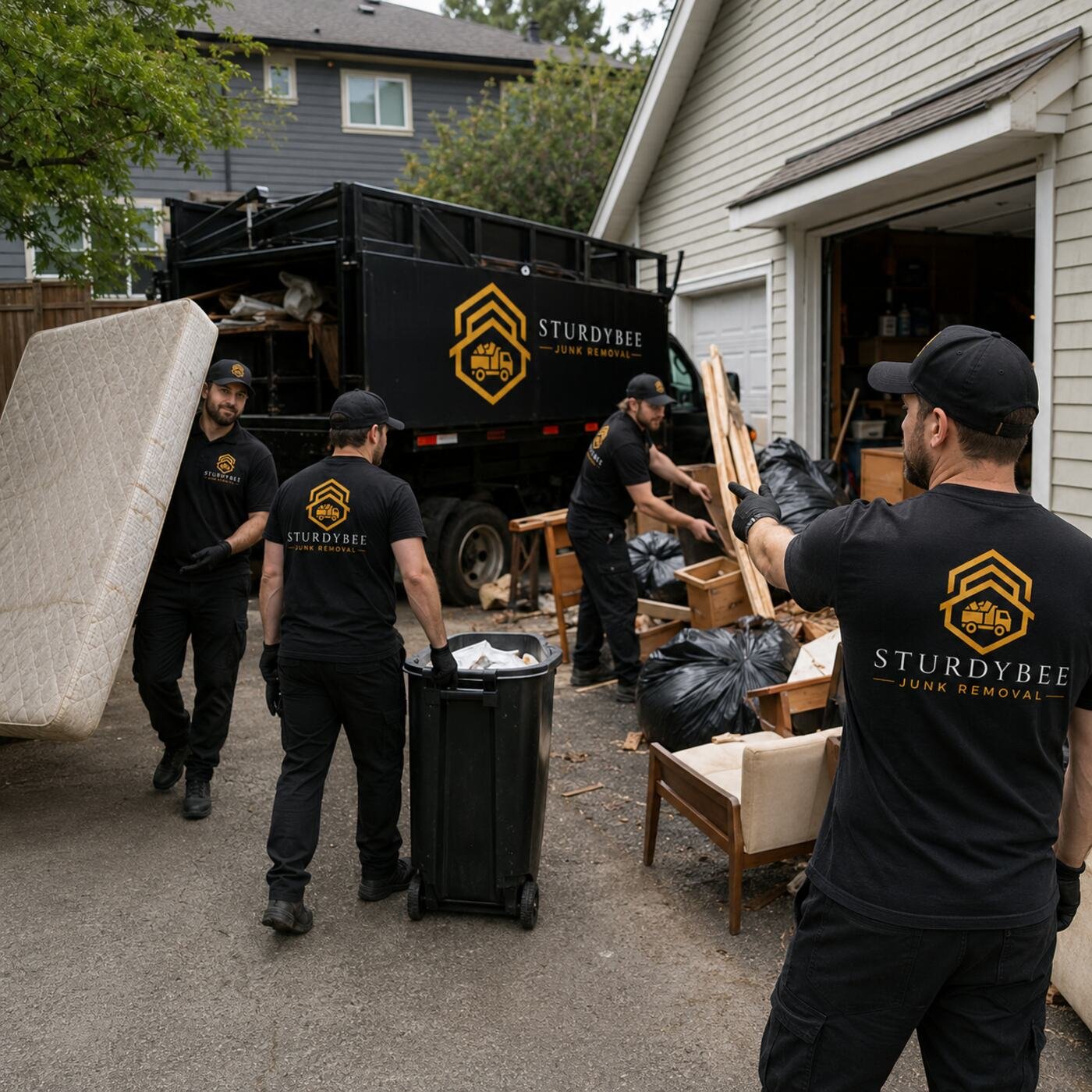 SturdyBee crew hauling a mattress and bin during a residential cleanout