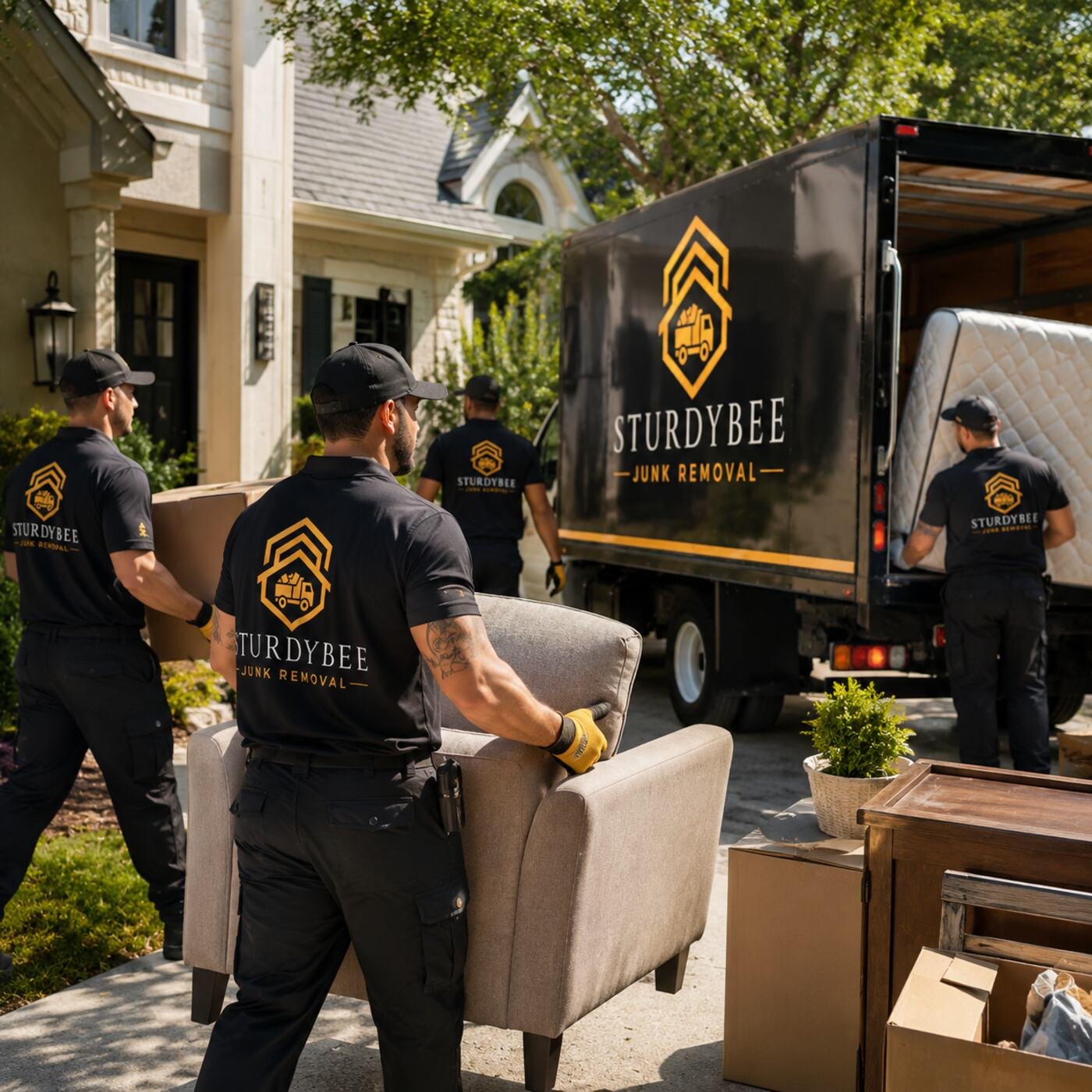 SturdyBee crew carrying furniture and boxes from a property cleanout